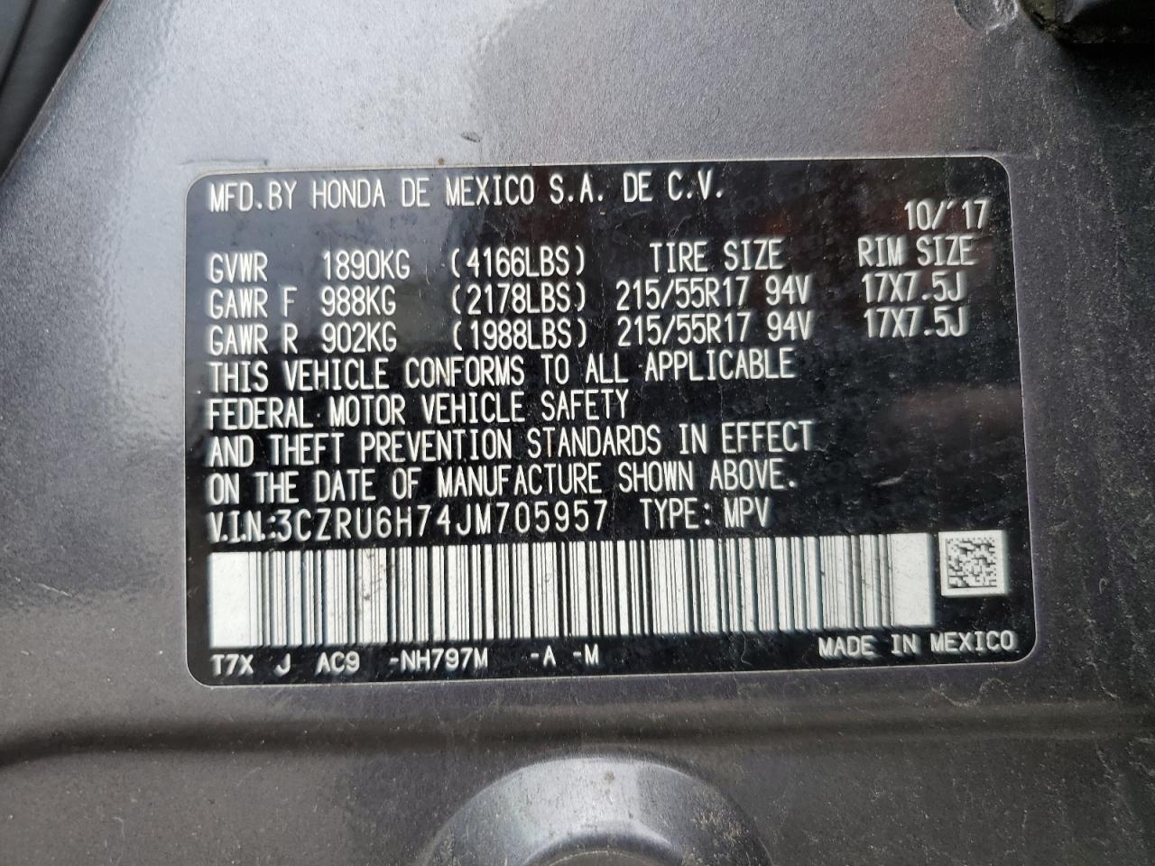 3CZRU6H74JM705957 2018 Honda Hr-V Exl