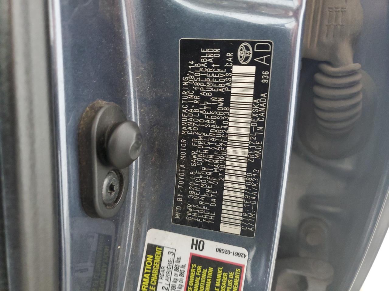 2015 Toyota Corolla L VIN: 2T1BURHE7FC240338 Lot: 72151984