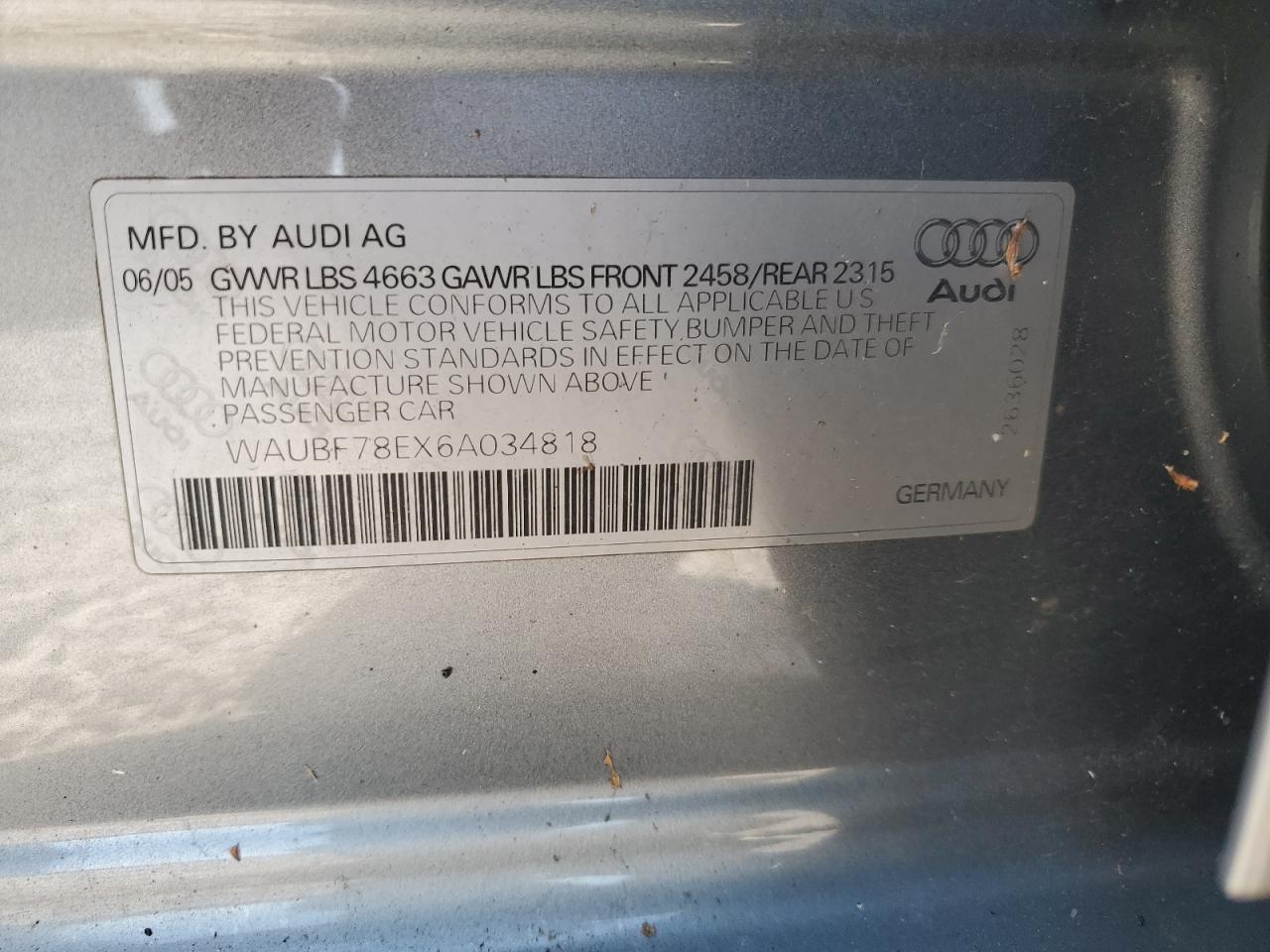 2006 Audi A4 S-Line 2.0T Turbo VIN: WAUBF78EX6A034818 Lot: 71762734