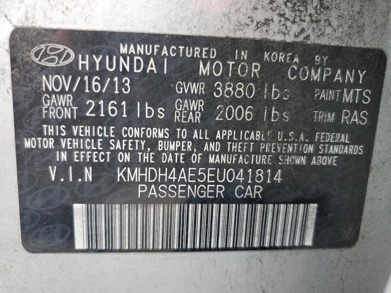 KMHDH4AE5EU041814 2014 Hyundai Elantra Se