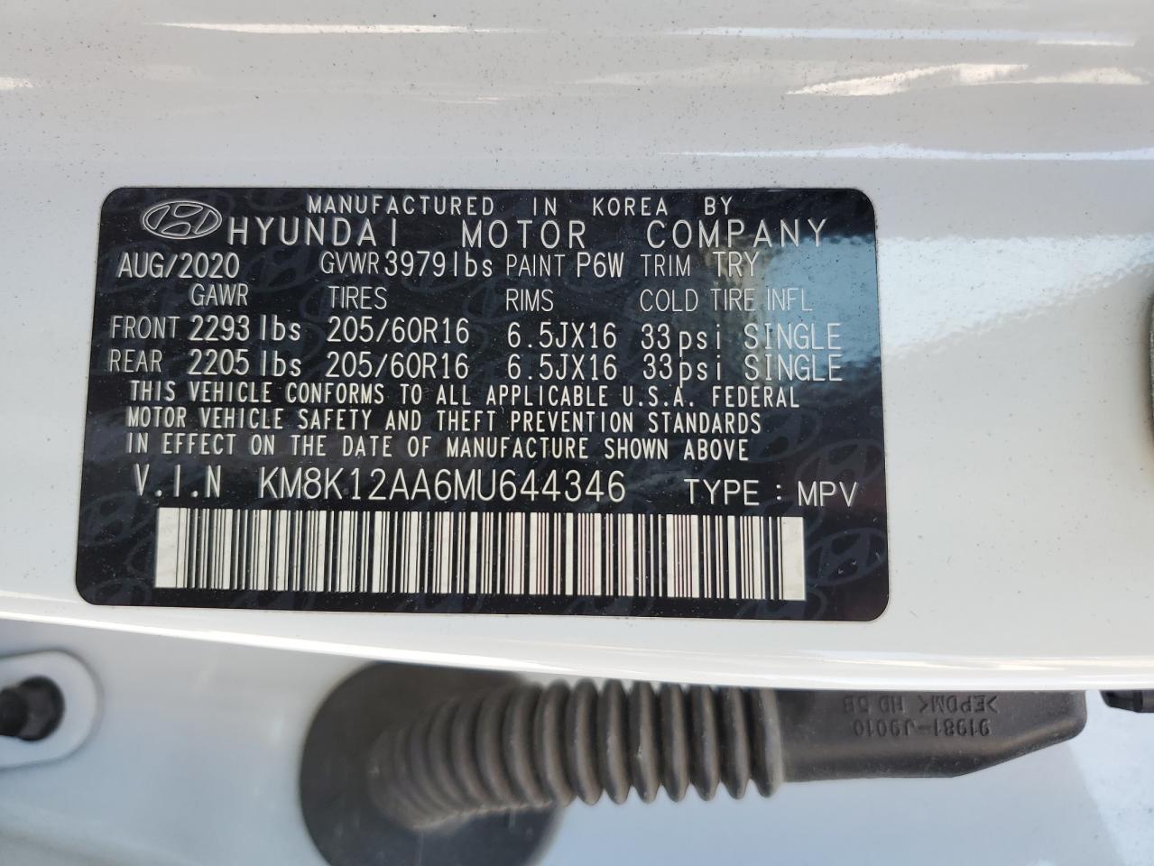 2021 Hyundai Kona Se VIN: KM8K12AA6MU644346 Lot: 68365914