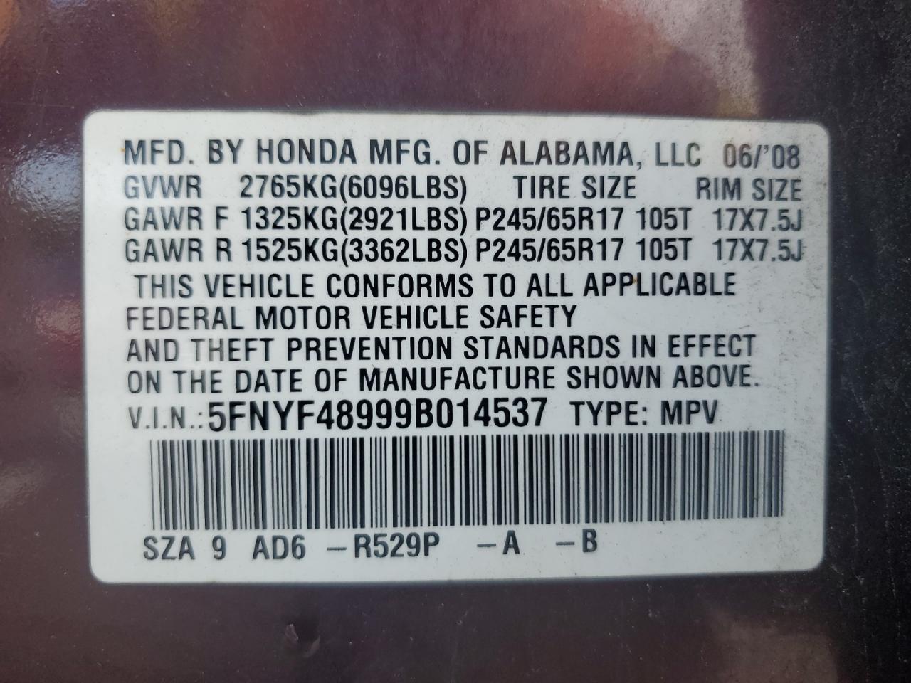 5FNYF48999B014537 2009 Honda Pilot Touring