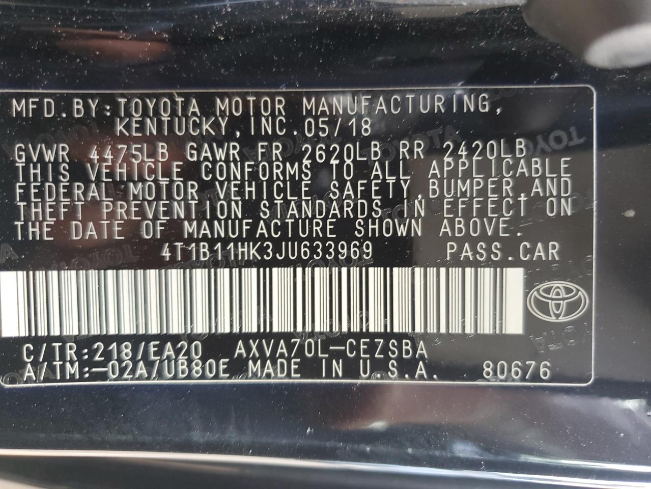 2018 Toyota Camry L VIN: 4T1B11HK3JU633969 Lot: 72503614