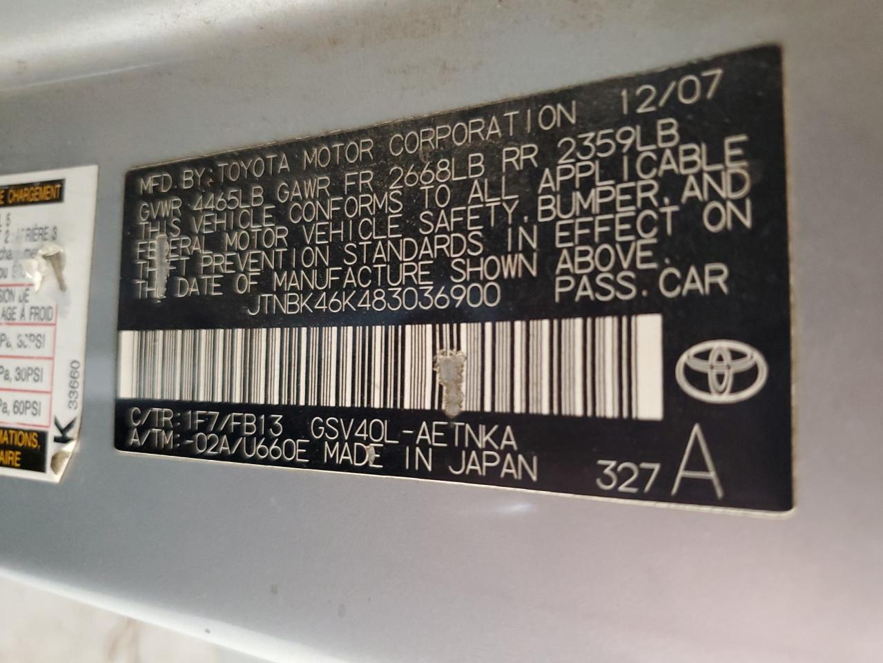 2008 Toyota Camry Le VIN: JTNBK46K483036900 Lot: 70444794