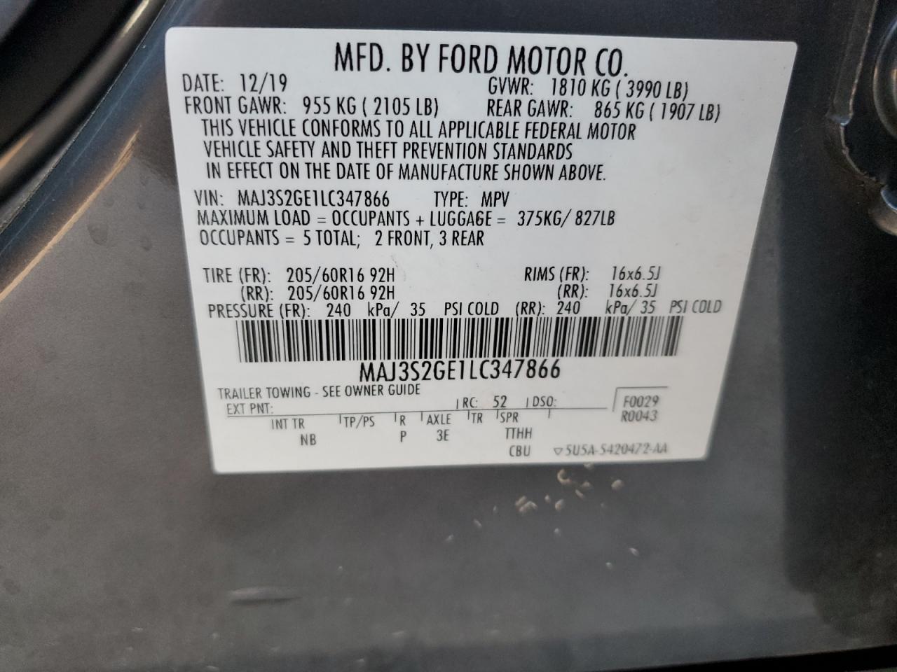 MAJ3S2GE1LC347866 2020 Ford Ecosport Se