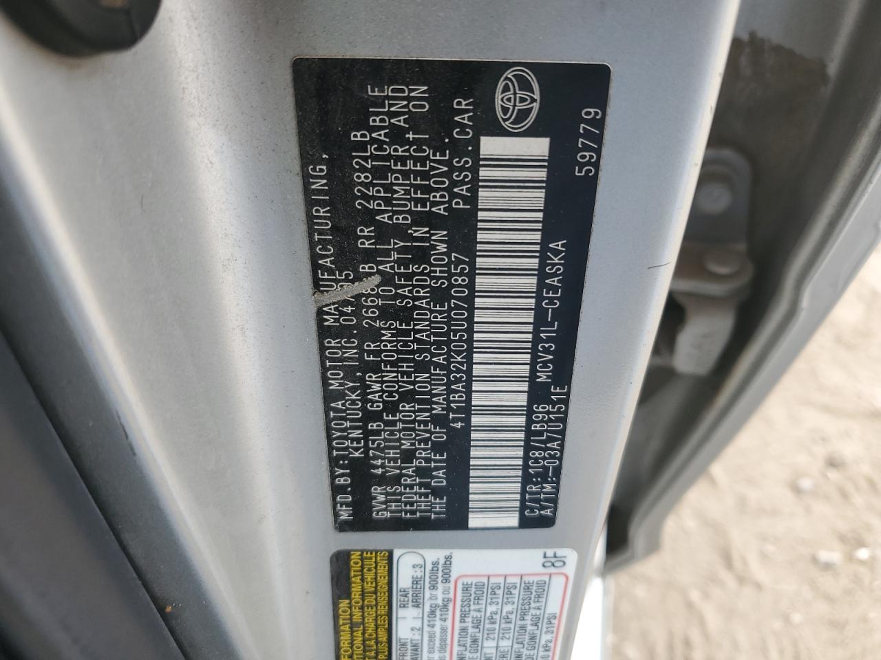 4T1BA32K05U070857 2005 Toyota Camry Se