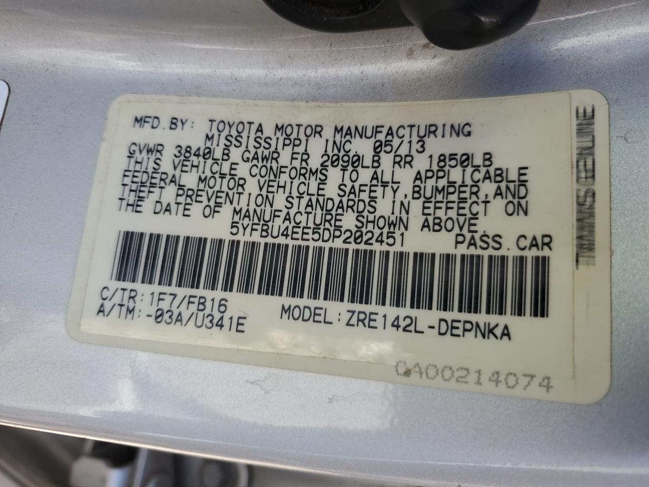 5YFBU4EE5DP202451 2013 Toyota Corolla Base