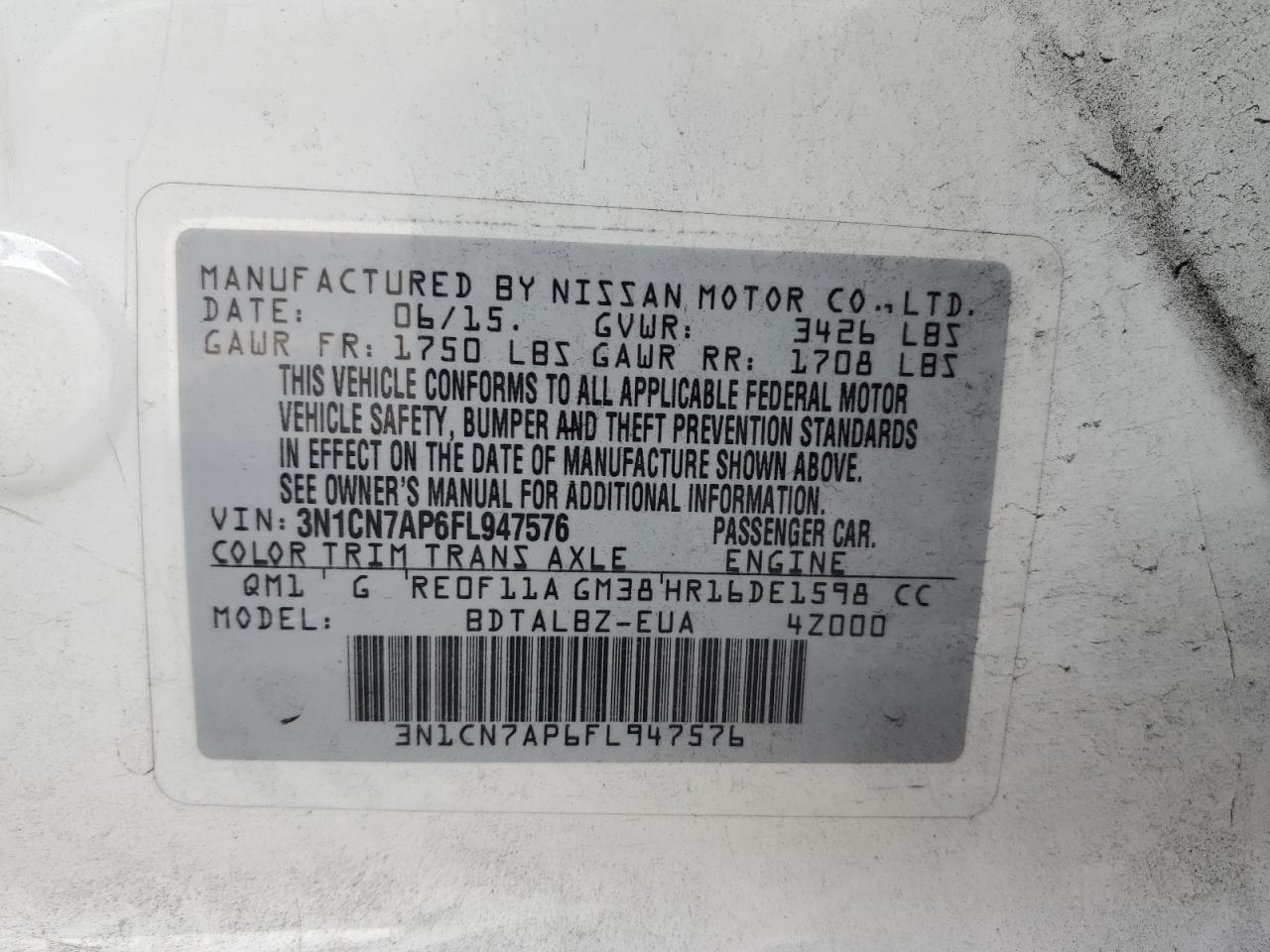 3N1CN7AP6FL947576 2015 Nissan Versa S