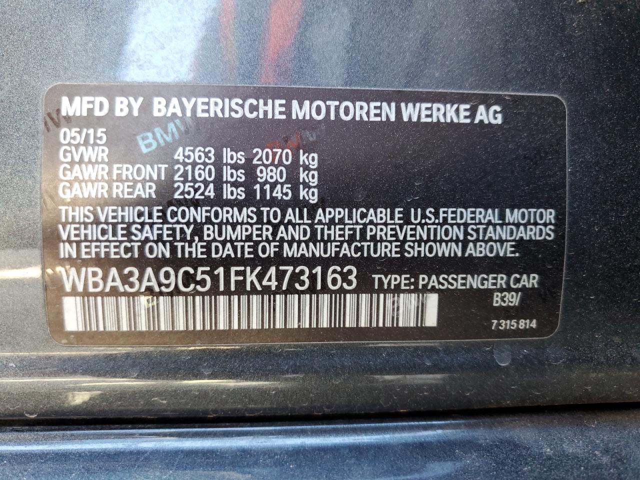 WBA3A9C51FK473163 2015 BMW 335 I