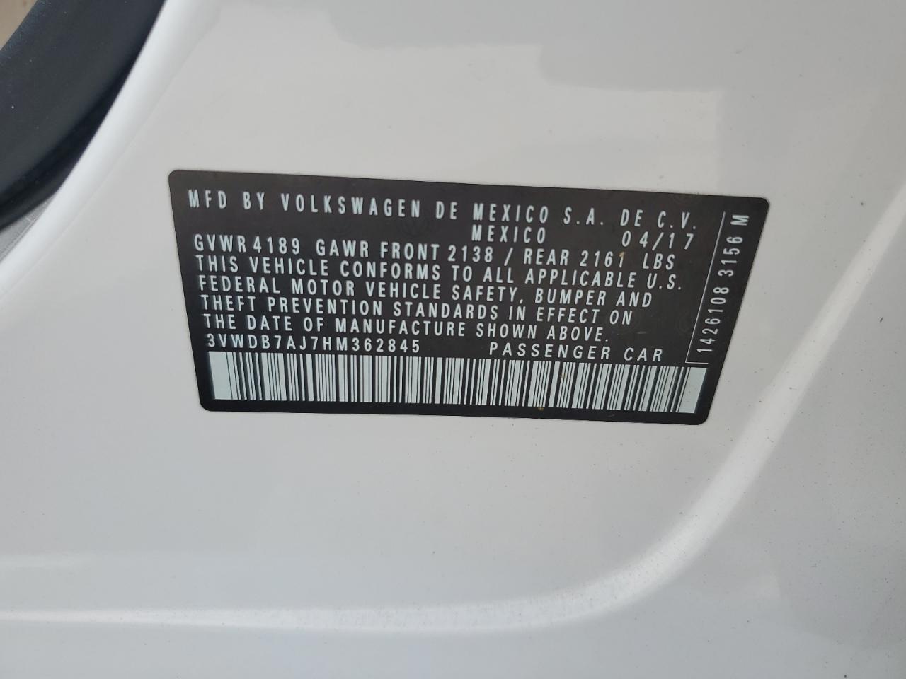 3VWDB7AJ7HM362845 2017 Volkswagen Jetta Se