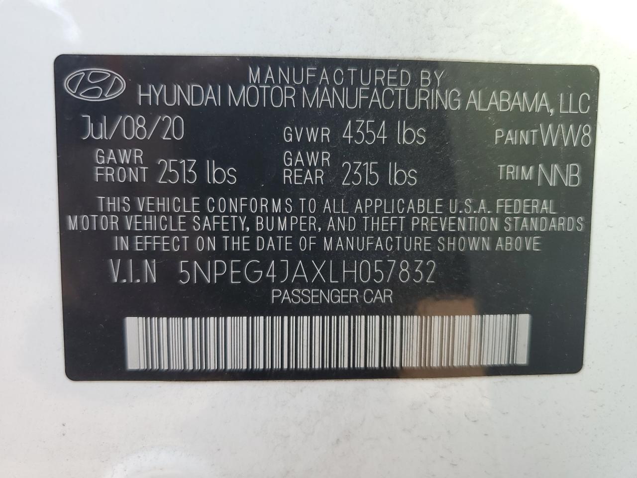 2020 Hyundai Sonata Se VIN: 5NPEG4JAXLH057832 Lot: 72213274