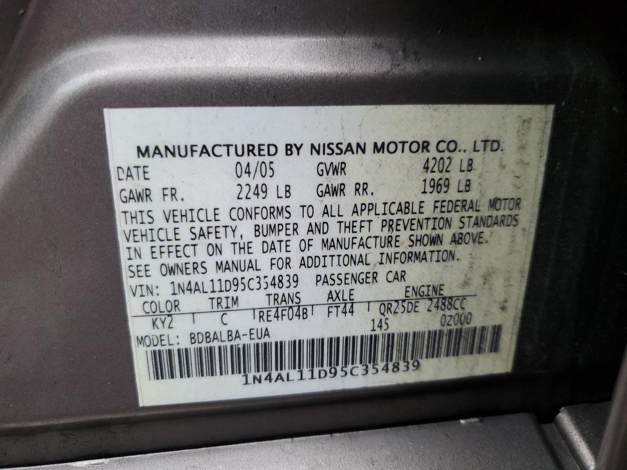 1N4AL11D95C354839 2005 Nissan Altima S