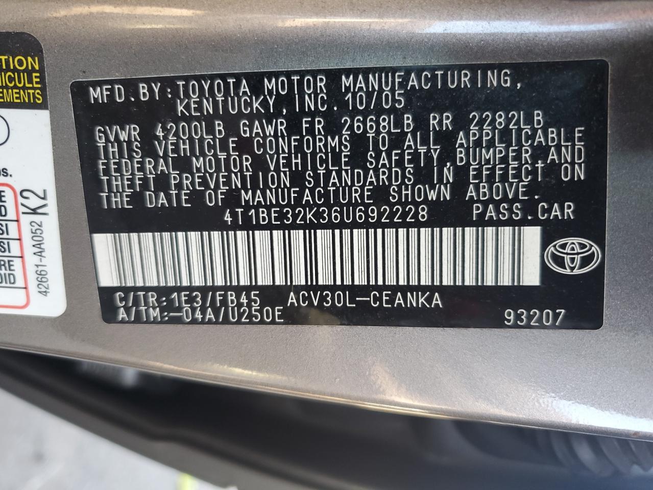 4T1BE32K36U692228 2006 Toyota Camry Le