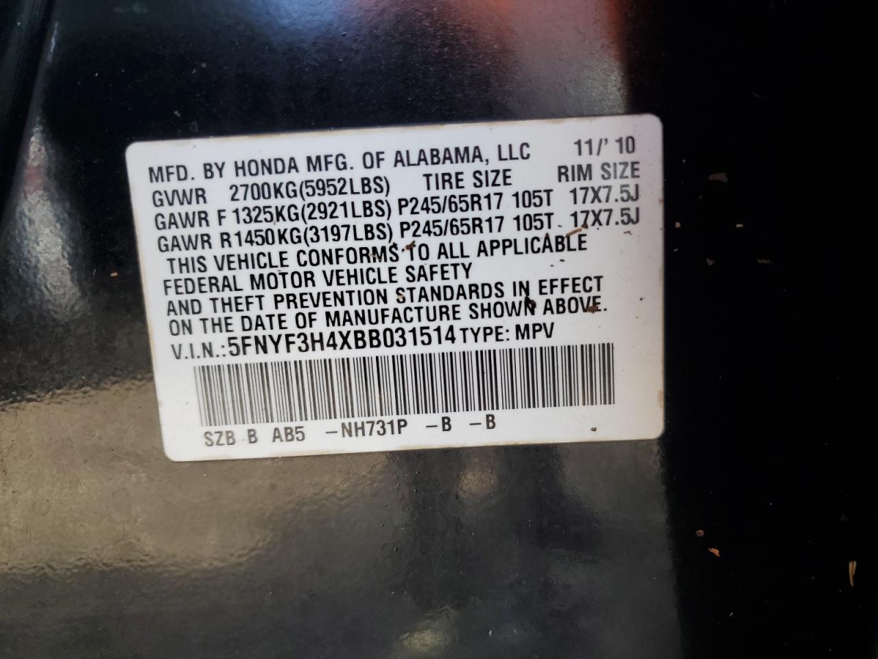 2011 Honda Pilot Ex VIN: 5FNYF3H4XBB031514 Lot: 73732334