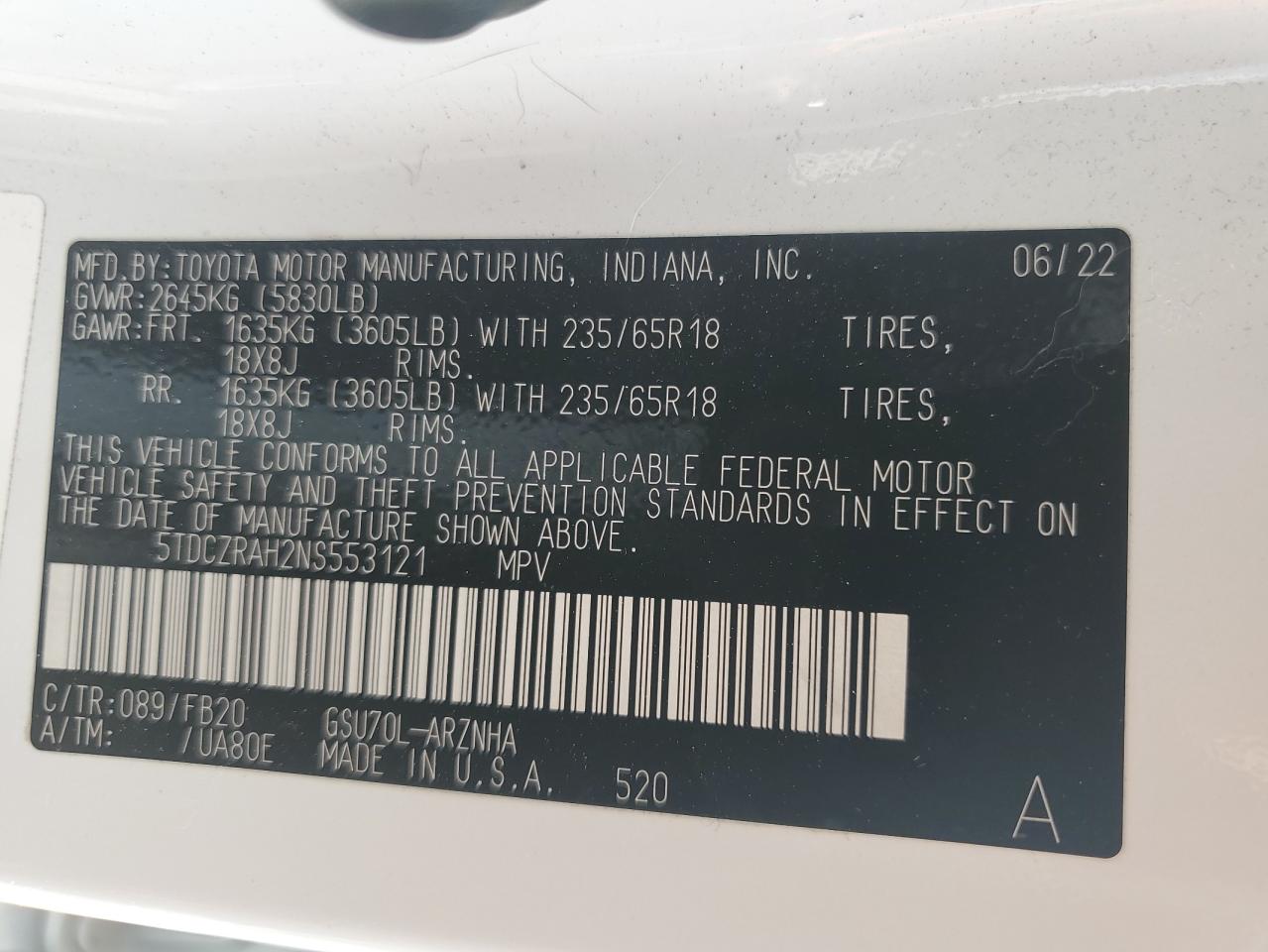 5TDCZRAH2NS553121 2022 Toyota Highlander L