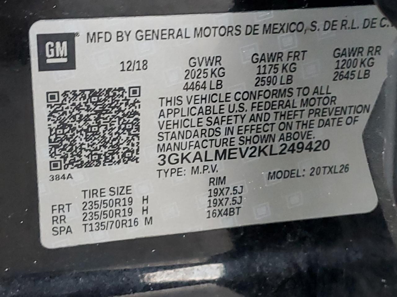 3GKALMEV2KL249420 2019 GMC Terrain Sle