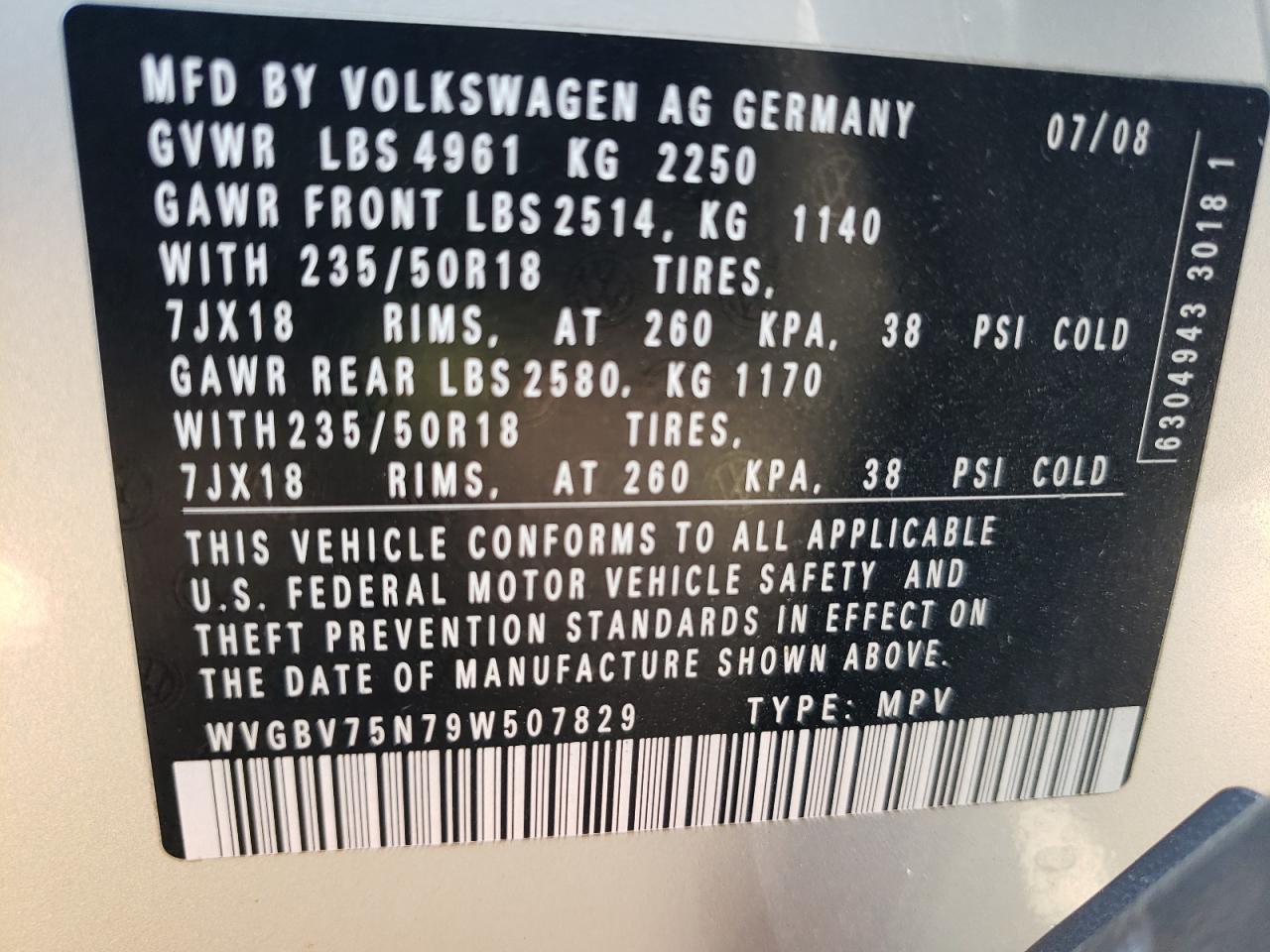 WVGBV75N79W507829 2009 Volkswagen Tiguan Se