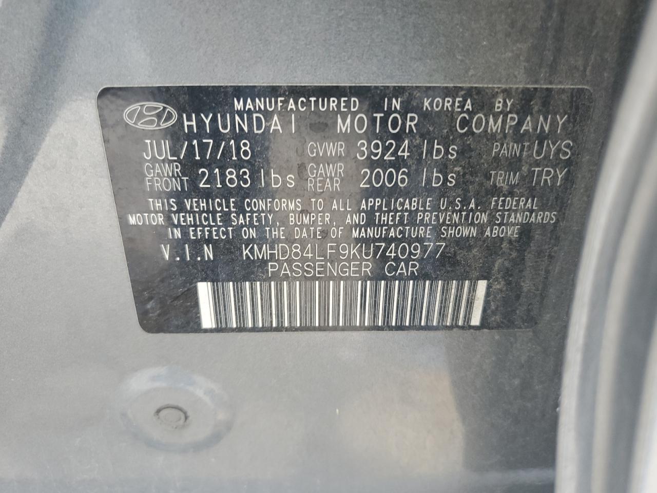 KMHD84LF9KU740977 2019 Hyundai Elantra Sel