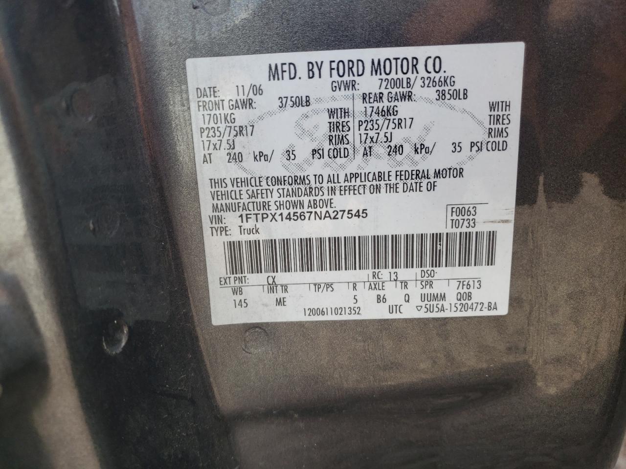 1FTPX14567NA27545 2007 Ford F150