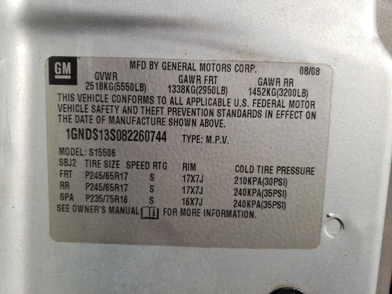 2008 Chevrolet Trailblazer Ls VIN: 1GNDS13S082260744 Lot: 87242264