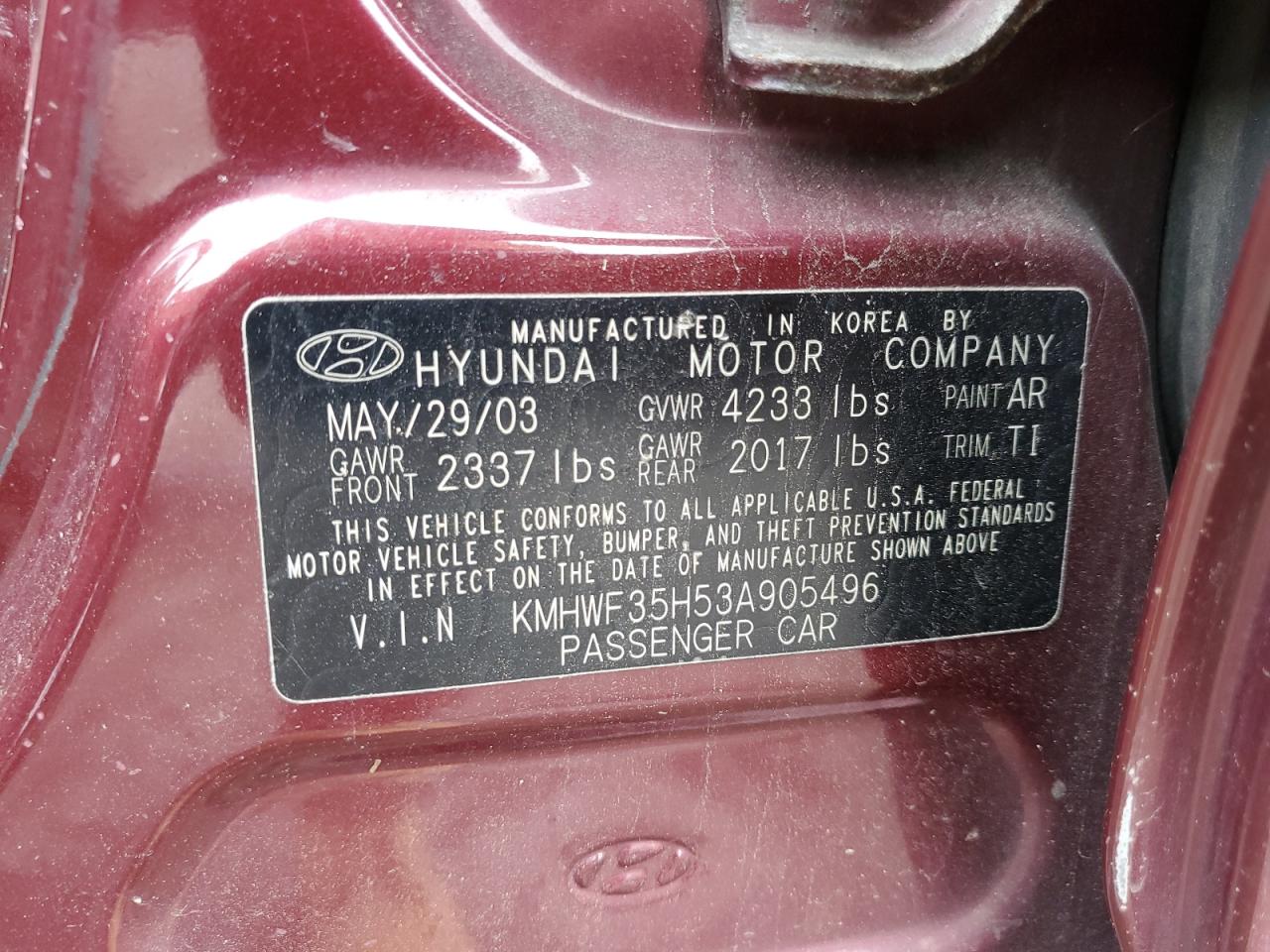 KMHWF35H53A905496 2003 Hyundai Sonata Gls