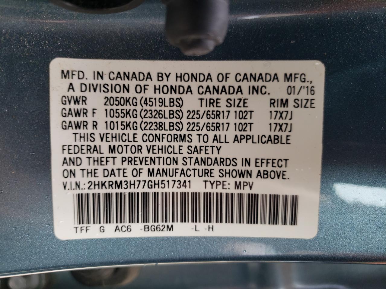 2HKRM3H77GH517341 2016 Honda Cr-V Exl