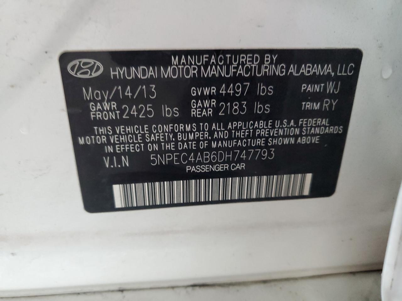 5NPEC4AB6DH747793 2013 Hyundai Sonata Se