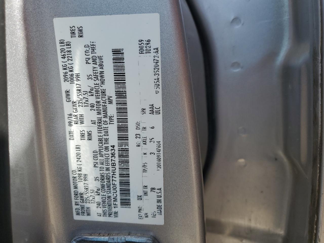 1FMCU0F77HUB73634 FORD ESCAPE 2017