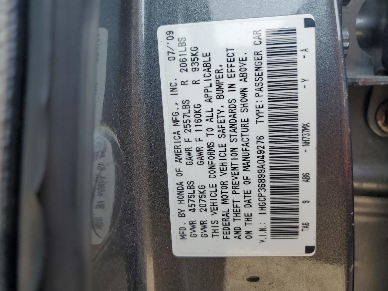 1HGCP36899A049276 2009 Honda Accord Exl