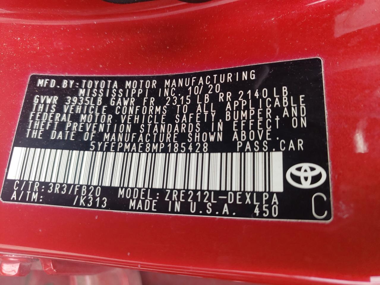 5YFEPMAE8MP185428 2021 Toyota Corolla Le