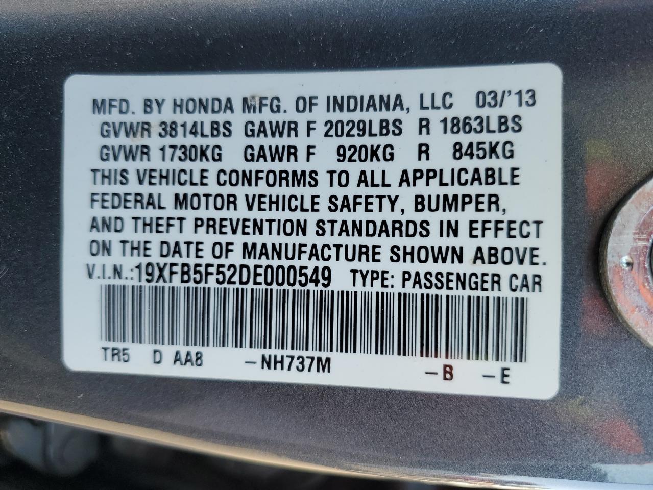 19XFB5F52DE000549 2013 Honda Civic Natural Gas