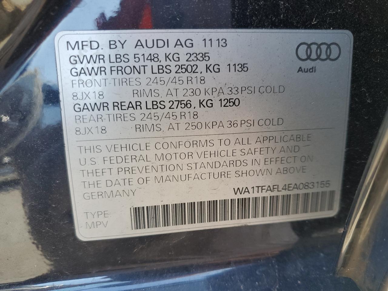 2014 Audi A4 Allroad Premium VIN: WA1TFAFL4EA083155 Lot: 70370834