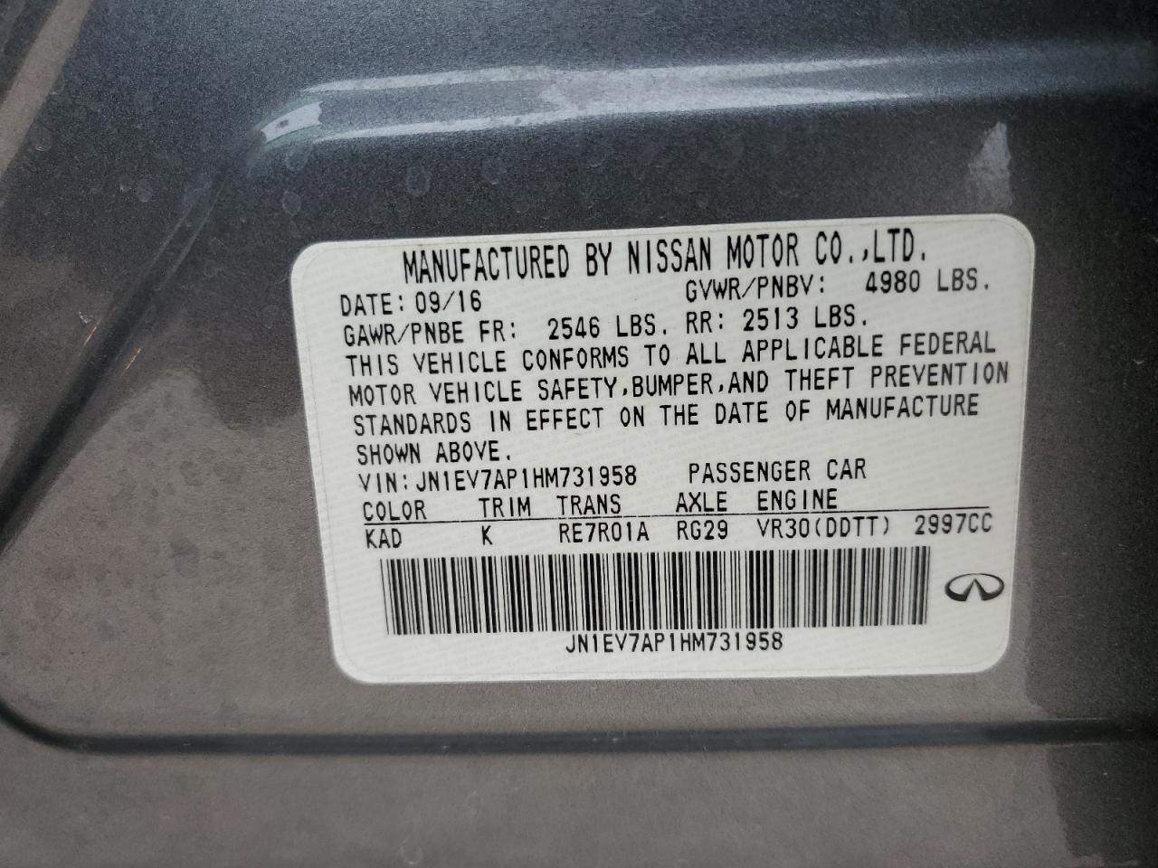 2017 Infiniti Q50 Premium VIN: JN1EV7AP1HM731958 Lot: 71043374