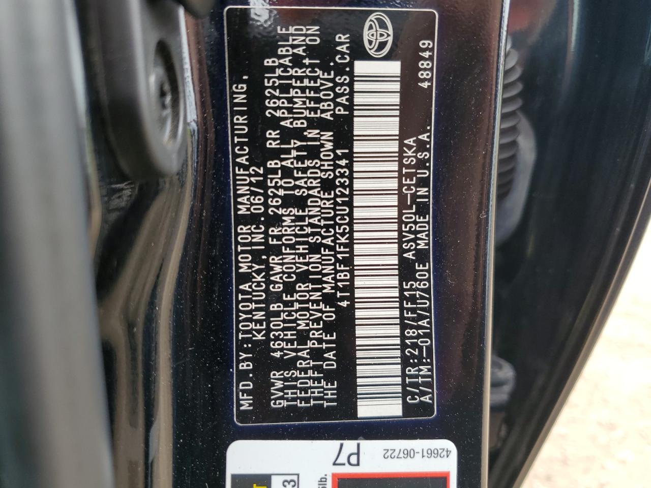 4T1BF1FK5CU123341 2012 Toyota Camry Base