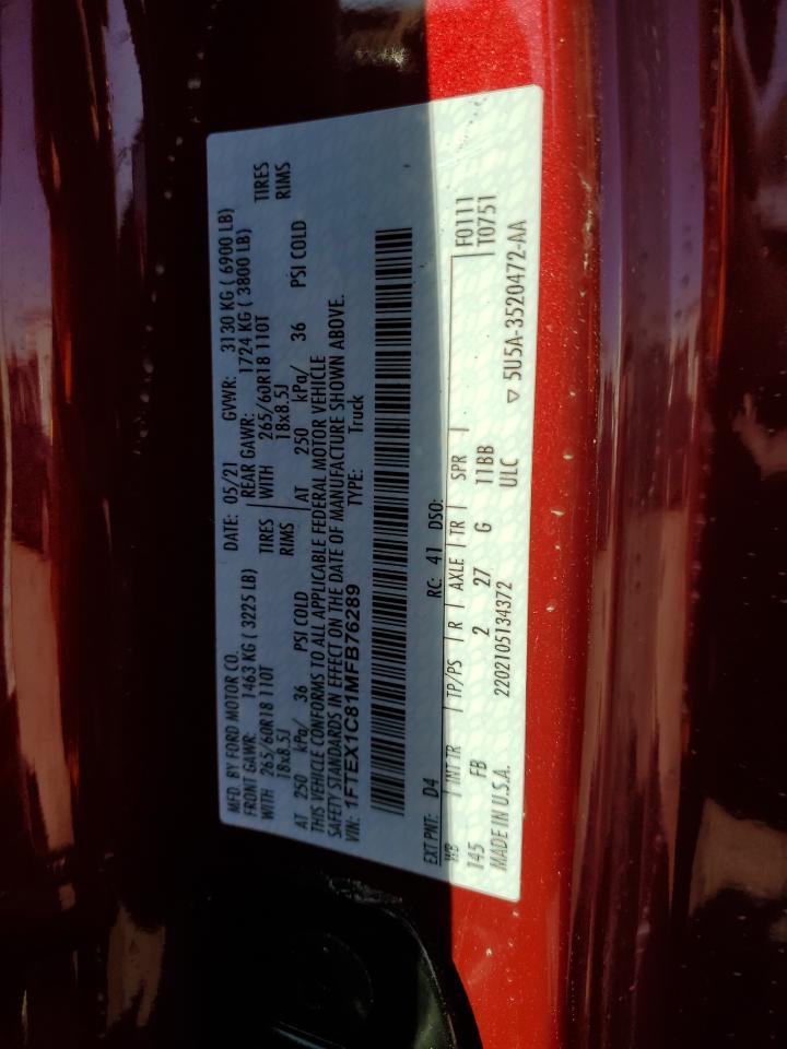 2021 Ford F150 Super Cab VIN: 1FTEX1C81MFB76289 Lot: 72803704