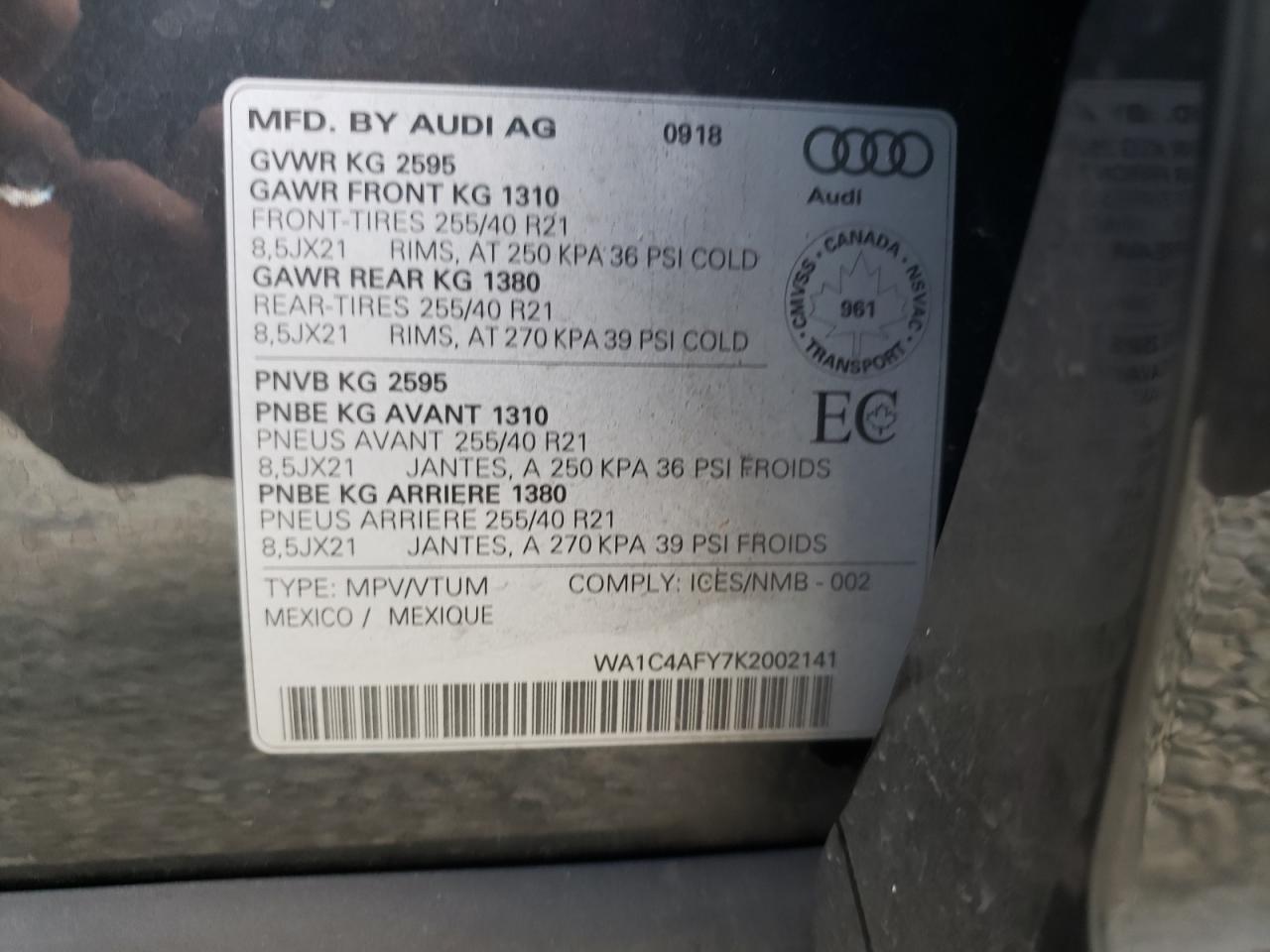 WA1C4AFY7K2002141 2019 Audi Sq5 Prestige