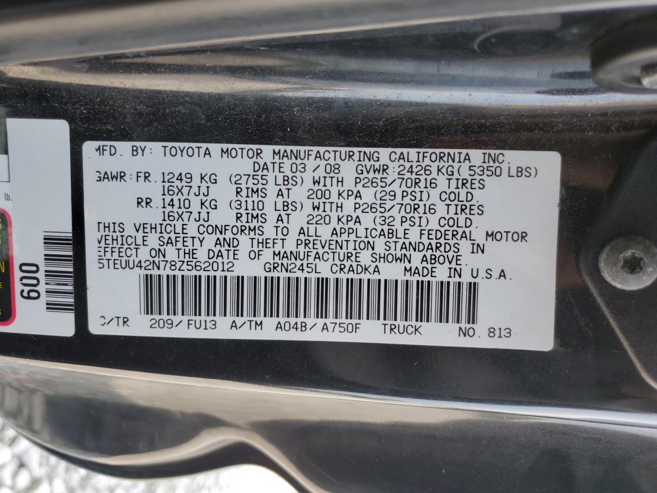 2008 Toyota Tacoma Access Cab VIN: 5TEUU42N78Z562012 Lot: 69800024