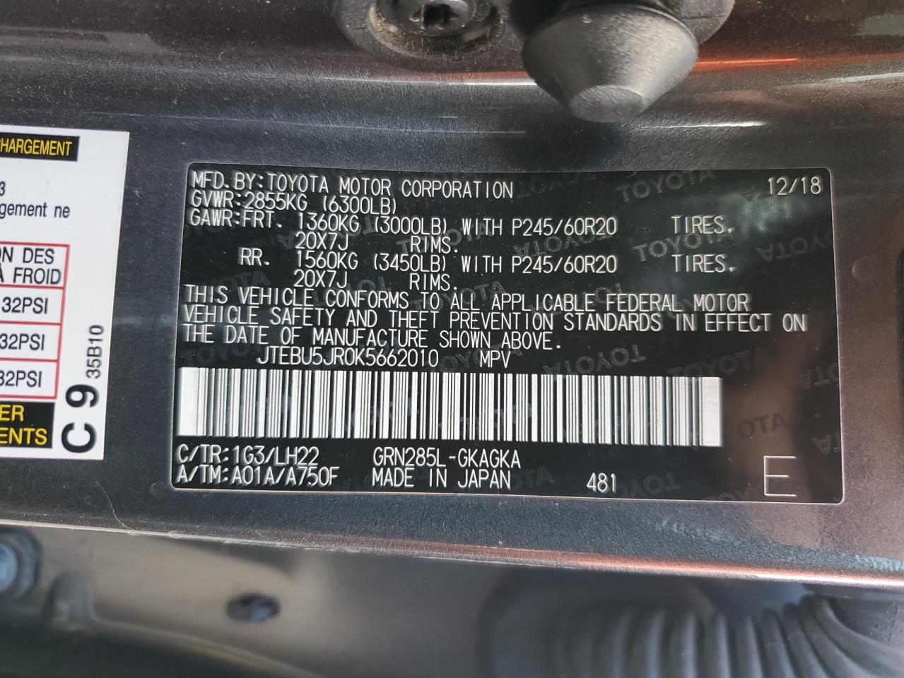 JTEBU5JR0K5662010 2019 Toyota 4Runner Sr5