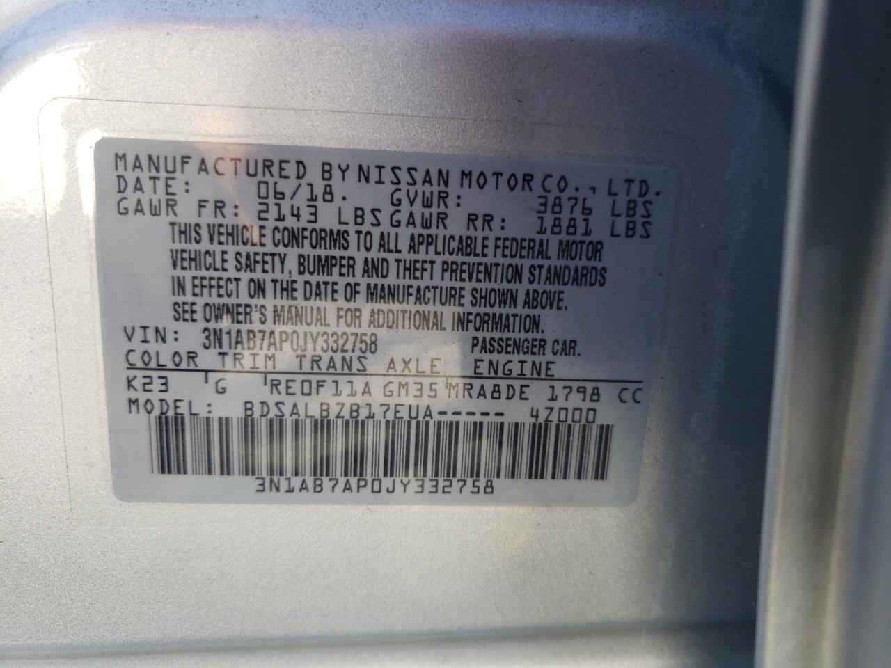 3N1AB7AP0JY332758 2018 Nissan Sentra S