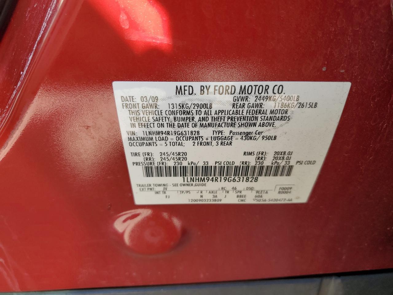 2009 Lincoln Mks VIN: 1LNHM94R19G631828 Lot: 71649554