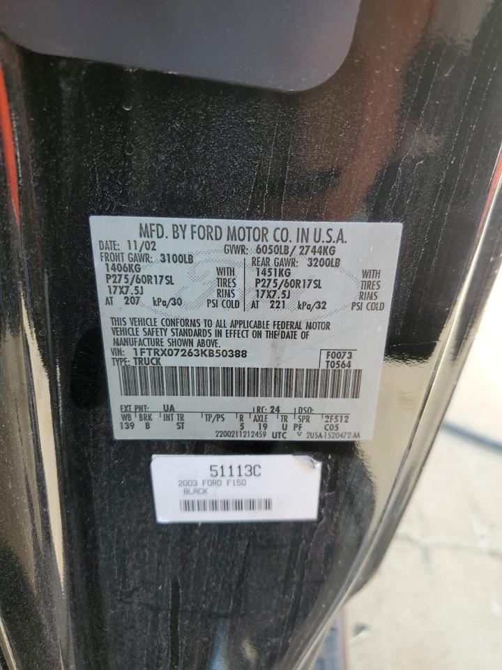 2003 Ford F150 VIN: 1FTRX07263KB50388 Lot: 69563634
