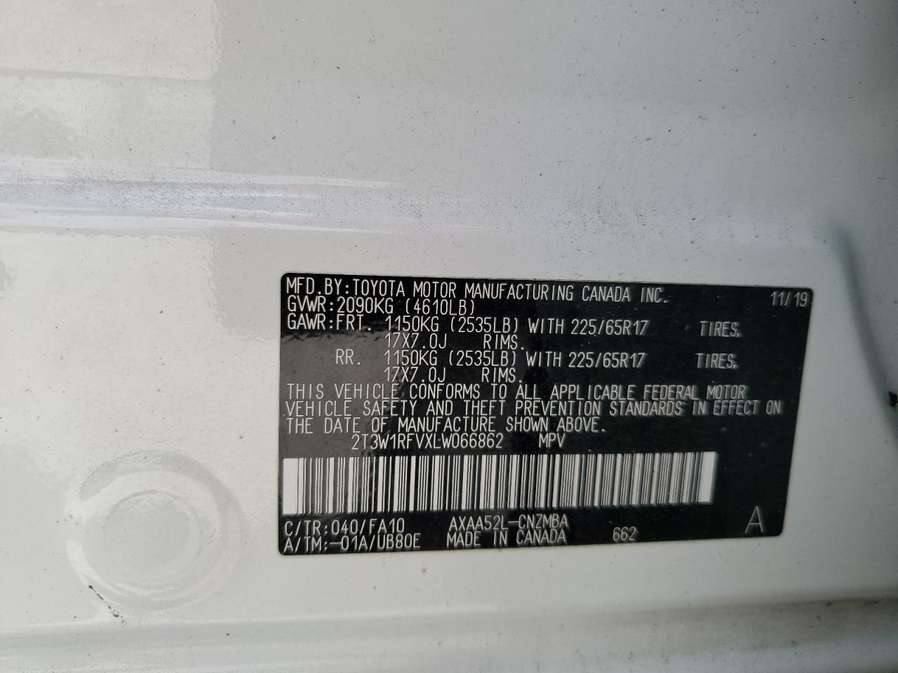 2T3W1RFVXLW066862 2020 Toyota Rav4 Xle