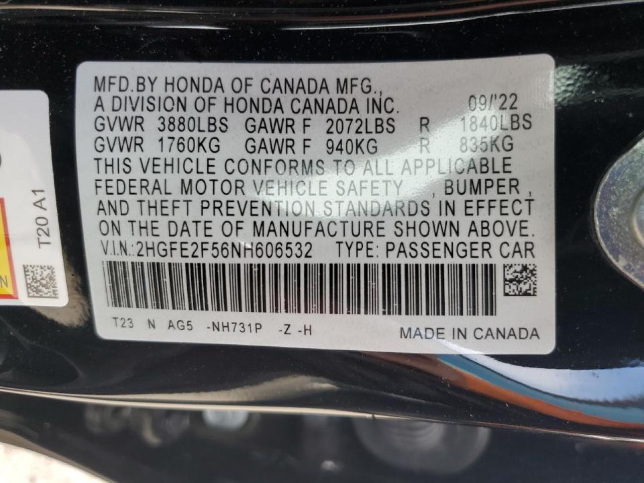 2022 Honda Civic Sport VIN: 2HGFE2F56NH606532 Lot: 70174724