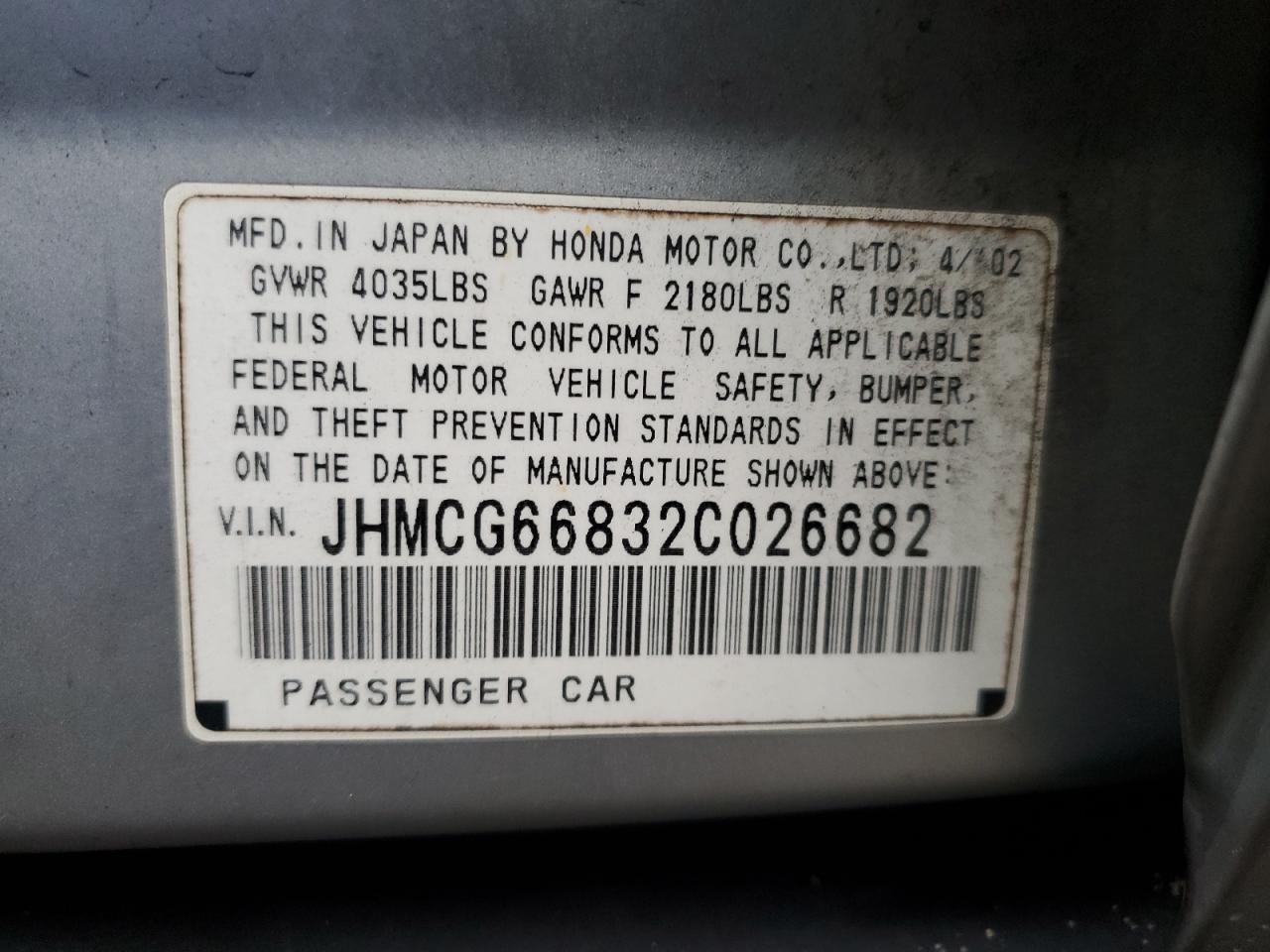 JHMCG66832C026682 2002 Honda Accord Ex