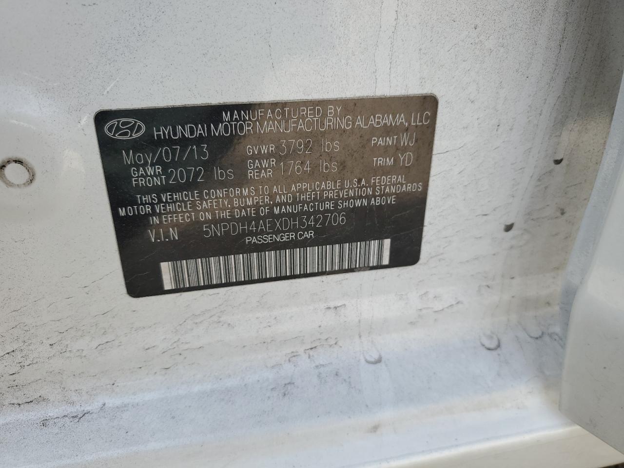 2013 Hyundai Elantra Gls VIN: 5NPDH4AEXDH342706 Lot: 70068834