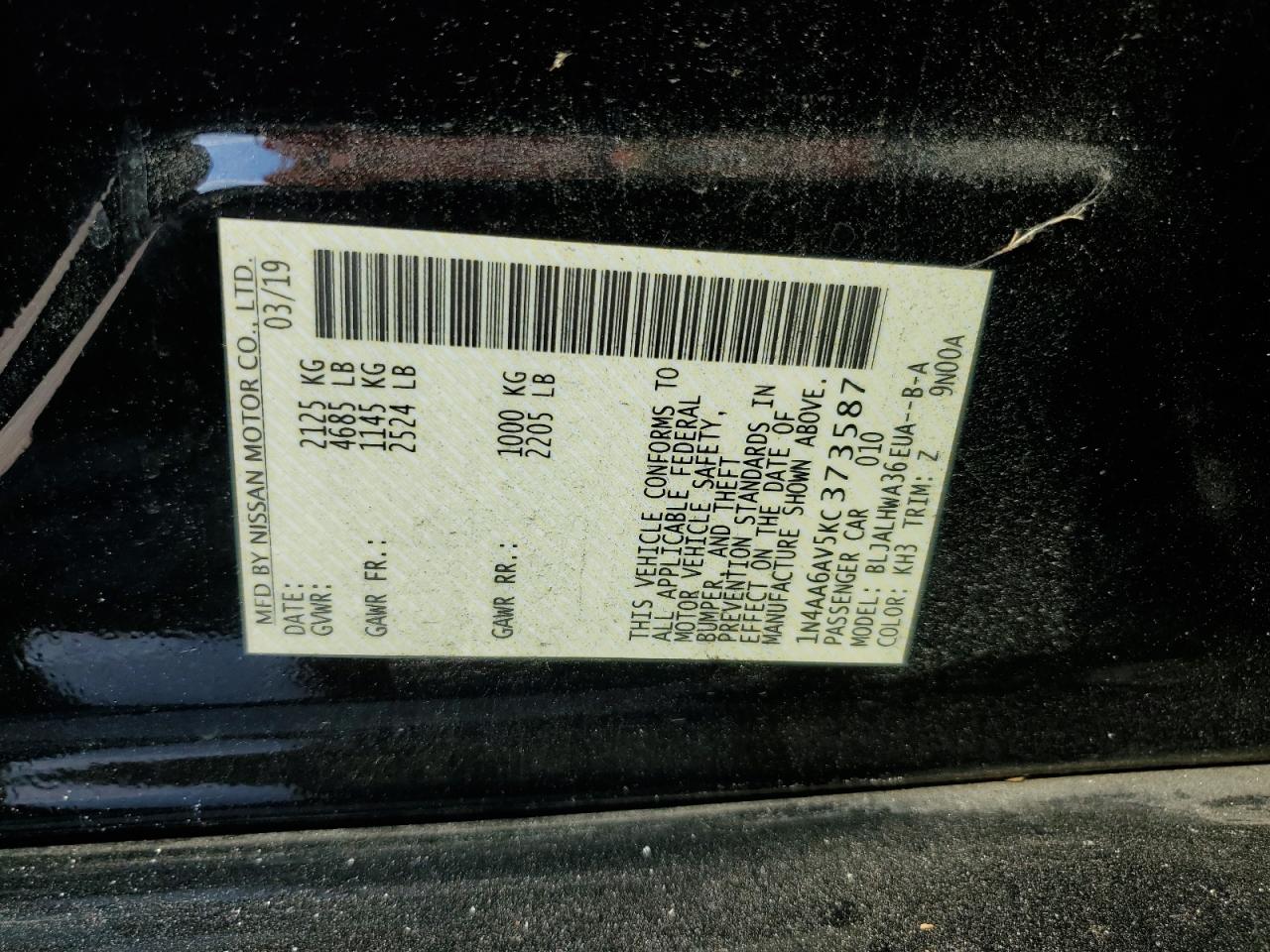 1N4AA6AV5KC373587 2019 Nissan Maxima S