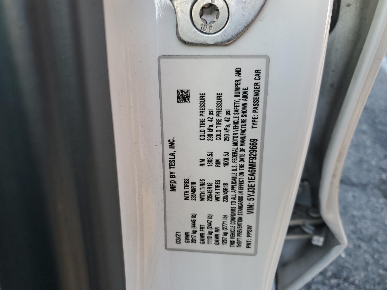 5YJ3E1EA6MF929669 2021 Tesla Model 3