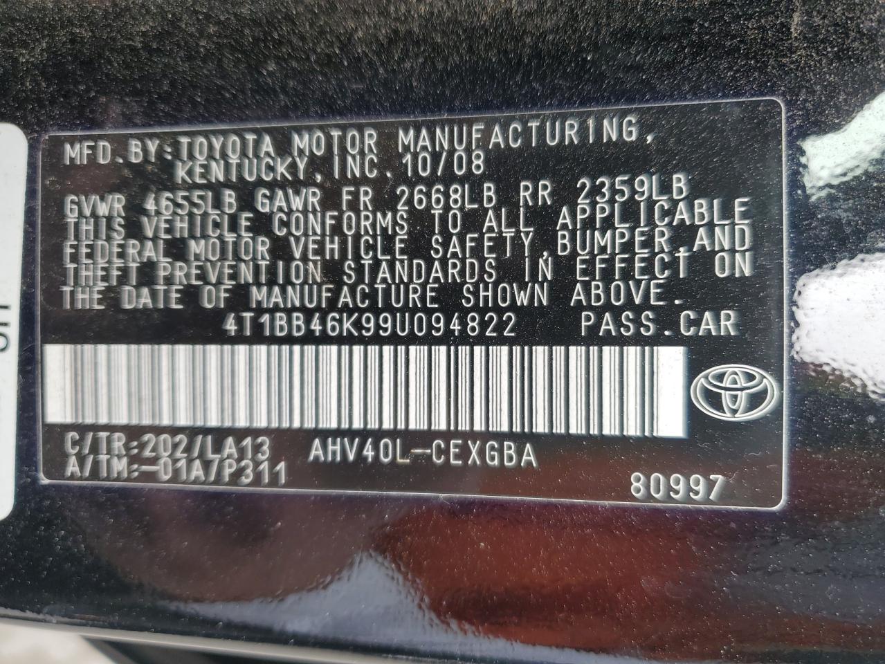 4T1BB46K99U094822 2009 Toyota Camry Hybrid