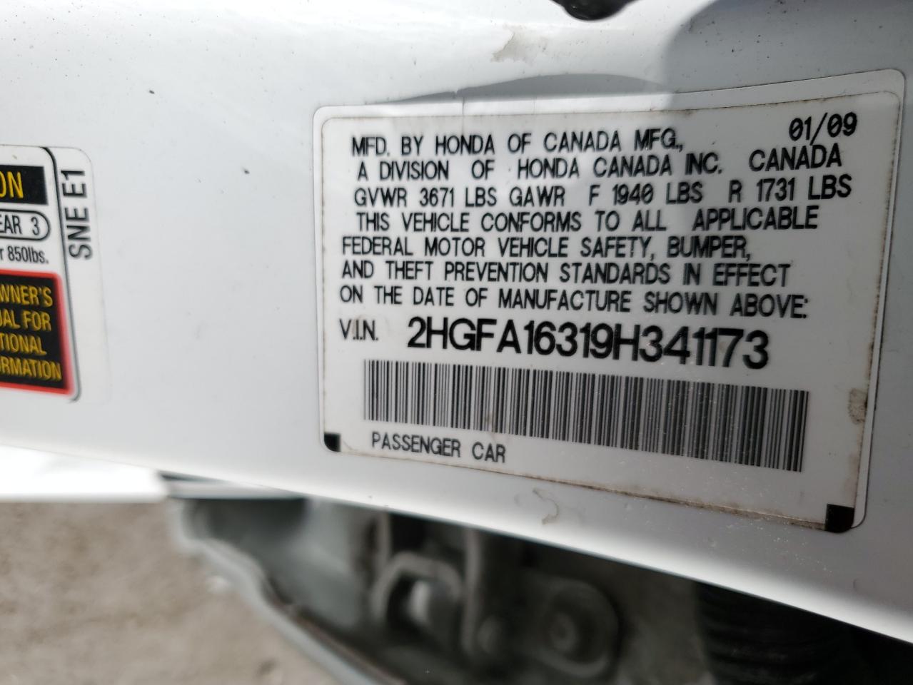 2HGFA16319H341173 2009 Honda Civic Vp