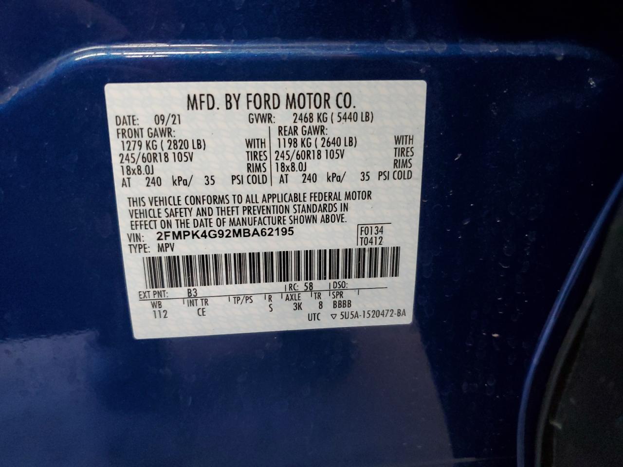 2FMPK4G92MBA62195 2021 Ford Edge Se